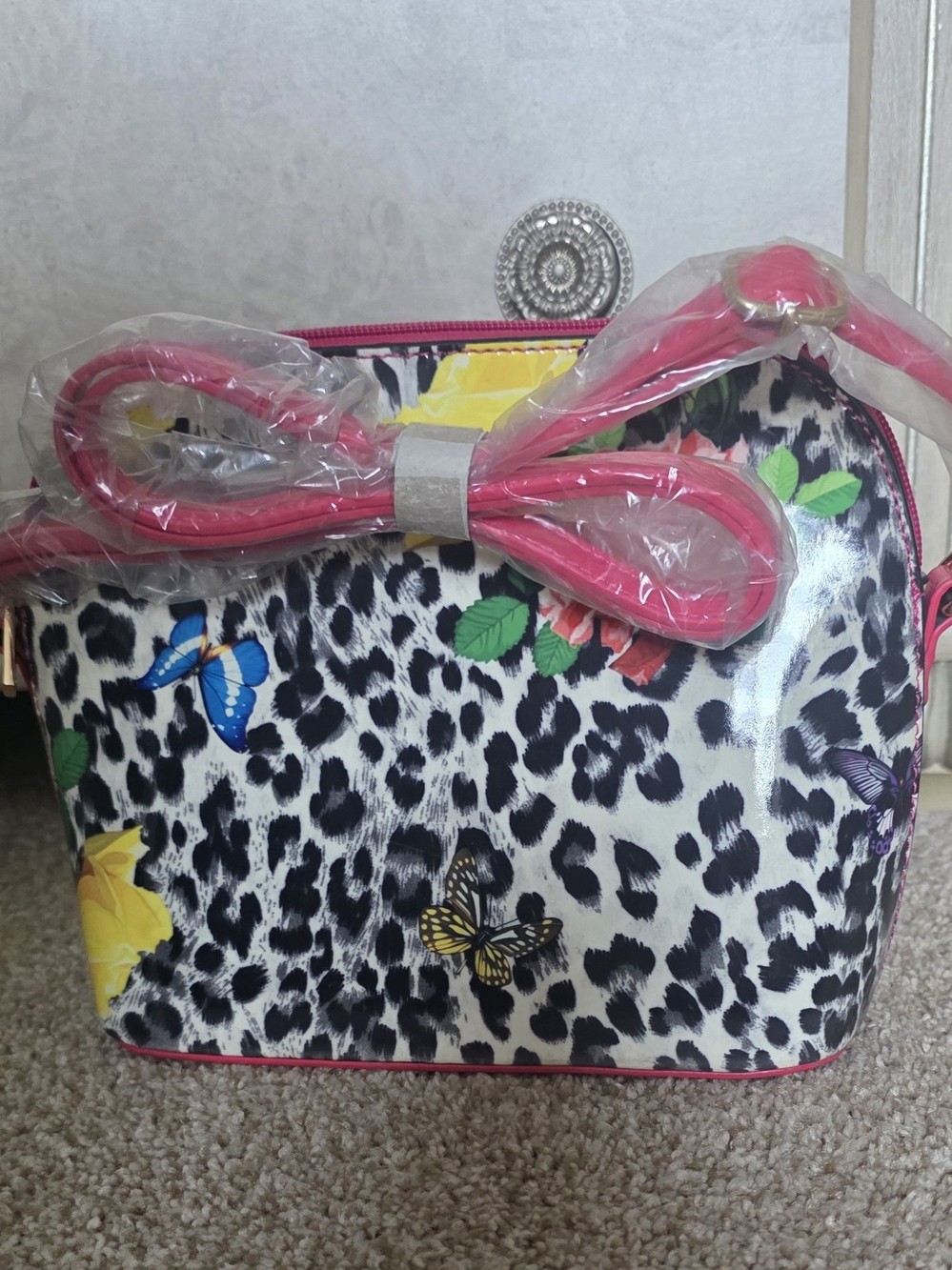Butterfly Floral Leopard Print Crossbody Bag - Pink Trim